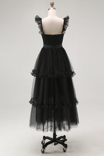 Black A Line Spaghetti Straps Tulle Formal Dress With Belt